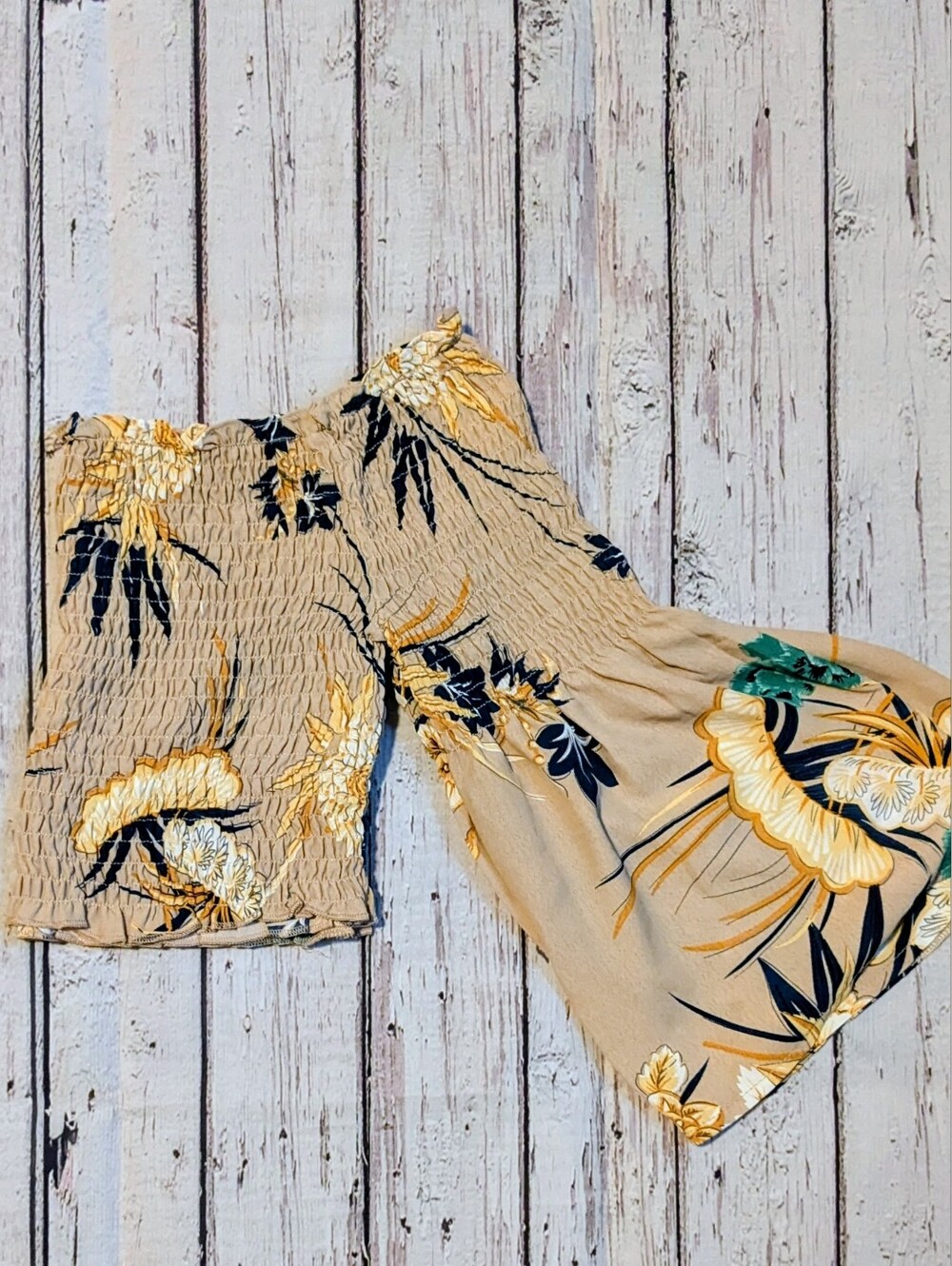 L'ATISTE Beige Floral Smocked Crop Top with Navy & Yellow Accents